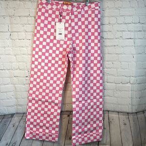 Kitri Jessie Bush Pink and White Checked Trousers size 12, high waisted